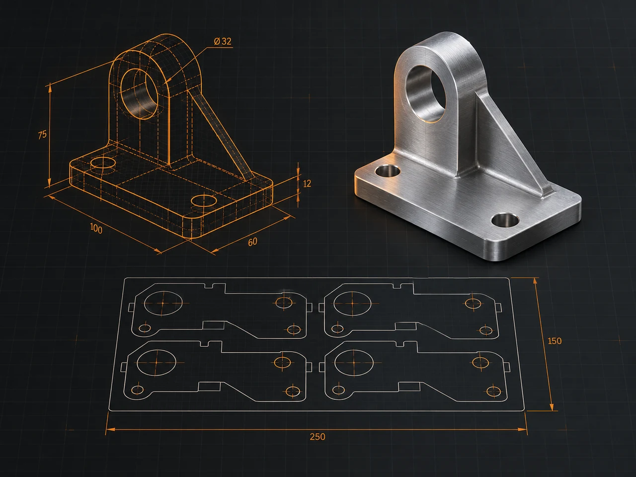 Engineering drawing and CAD model of a metal component for production preparation
