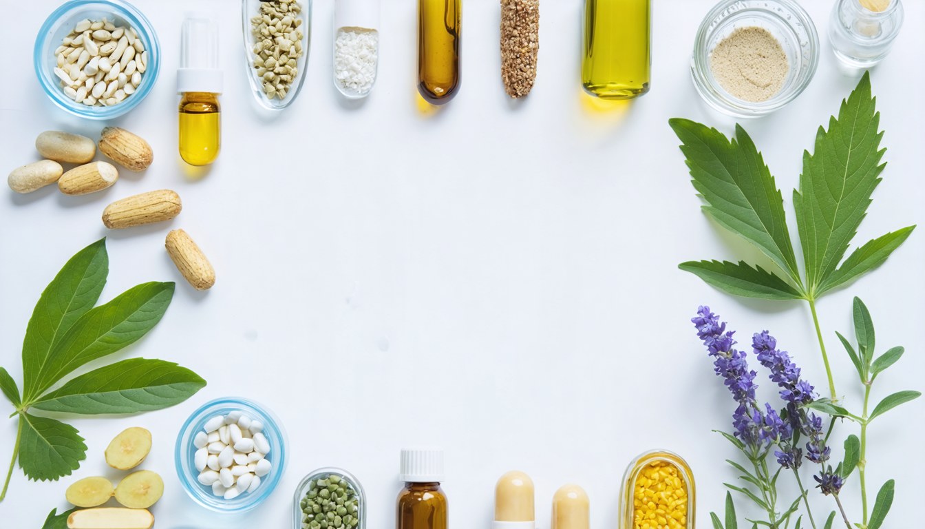 Herbal supplements, fresh vegetables, and a stethoscope on a wooden table symbolizing natural remedies for potency and evidence-based medical review